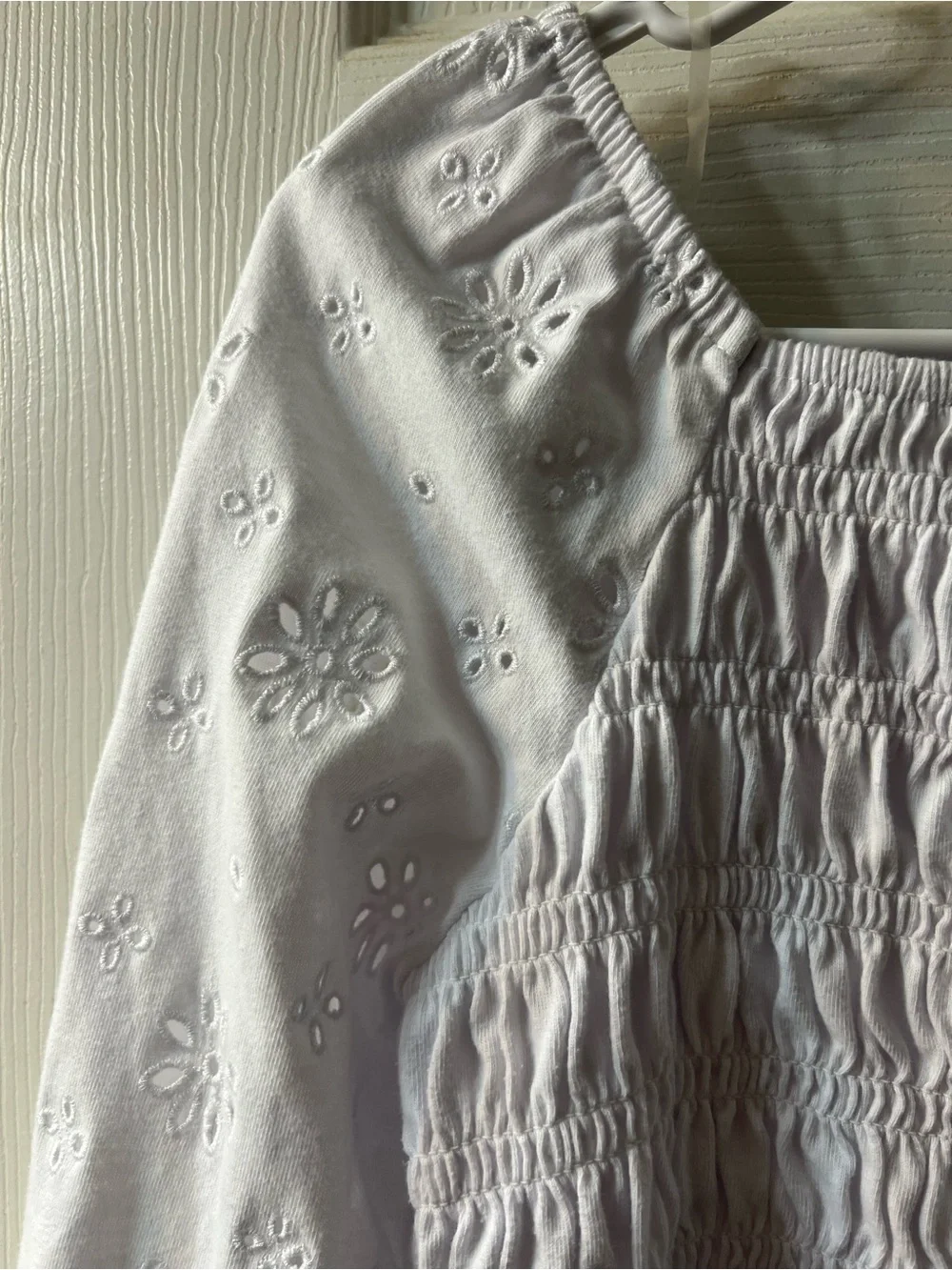 Girls XXL White Smocked Eyelet Long-Sleeve Top